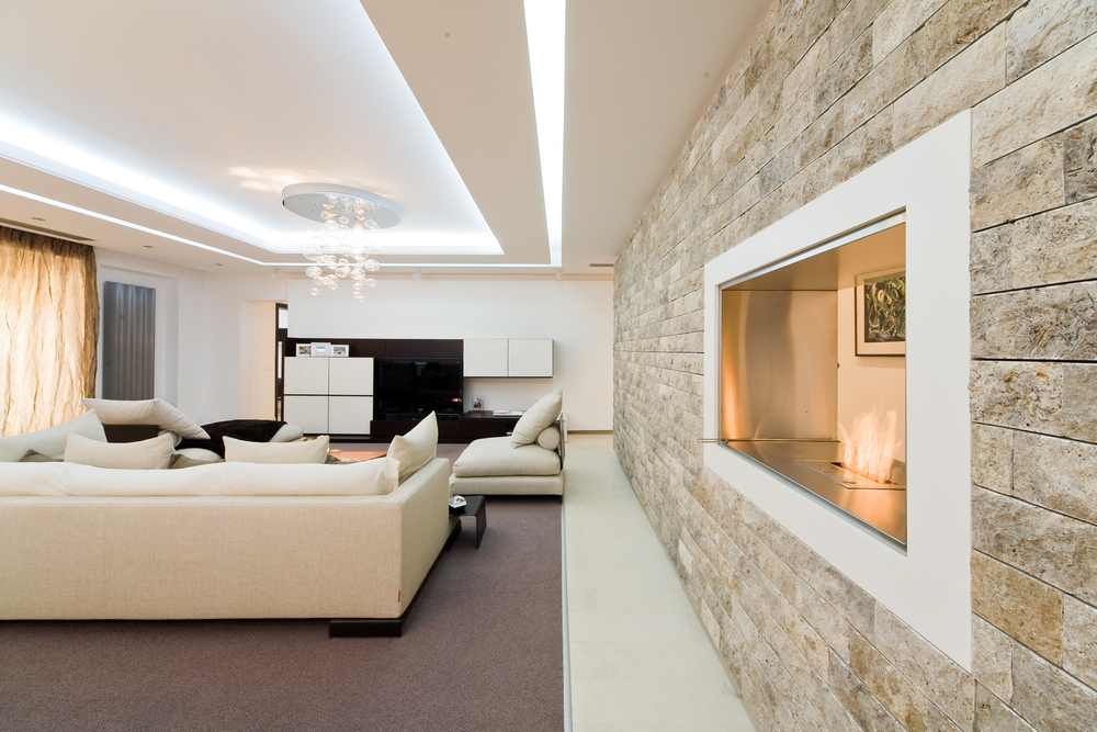 Stone wall cladding in living room of modern perth home